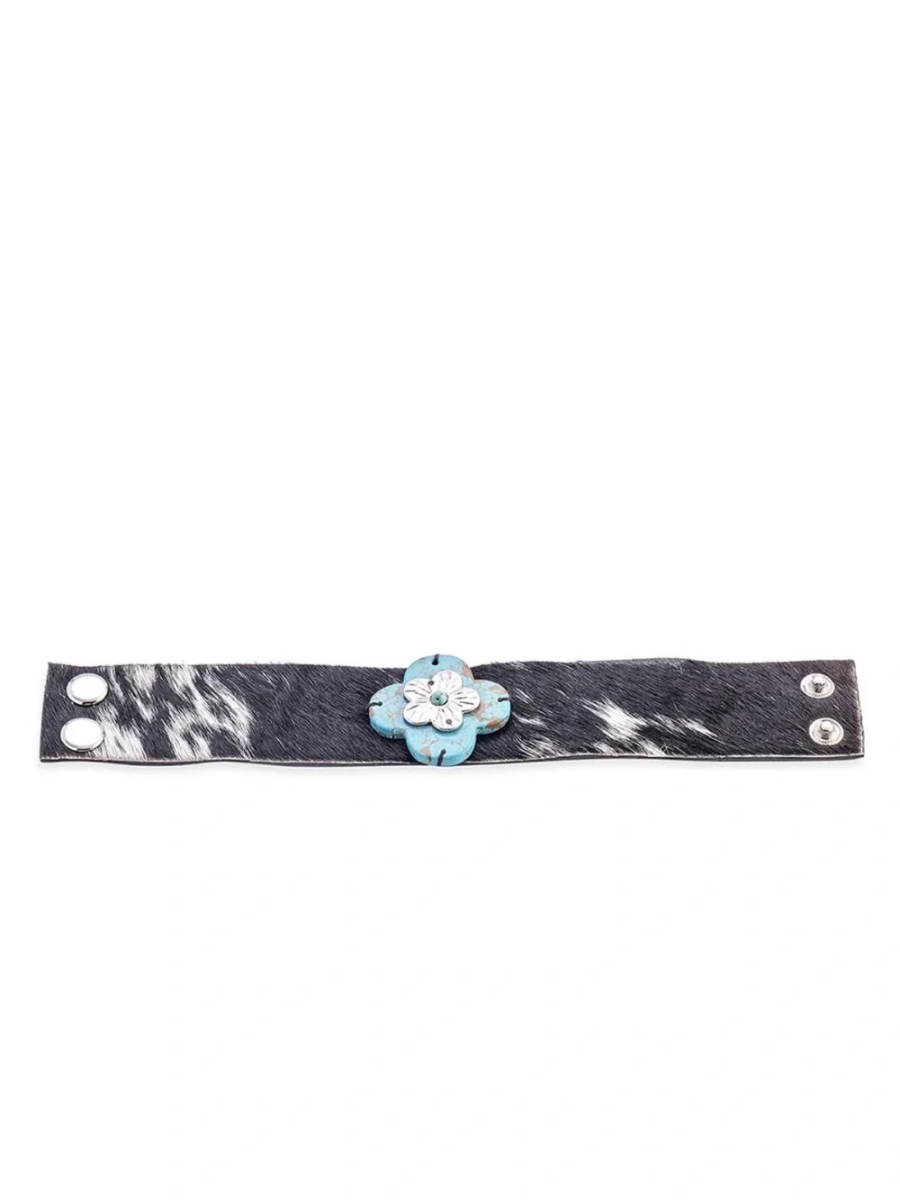 Western Bracelet Black & White Hide Leather with Turquoise Flower Accent